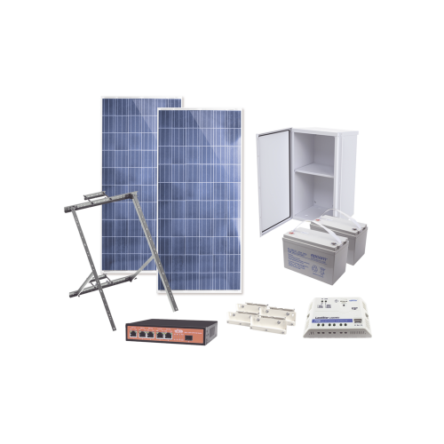 Kit Solar Witek de 28 W con 5 Puertos PoE 802.3 af y PoE Pasivo 24 V para Camaras IP y un Enlace Punto a Punto en 24 Vcd