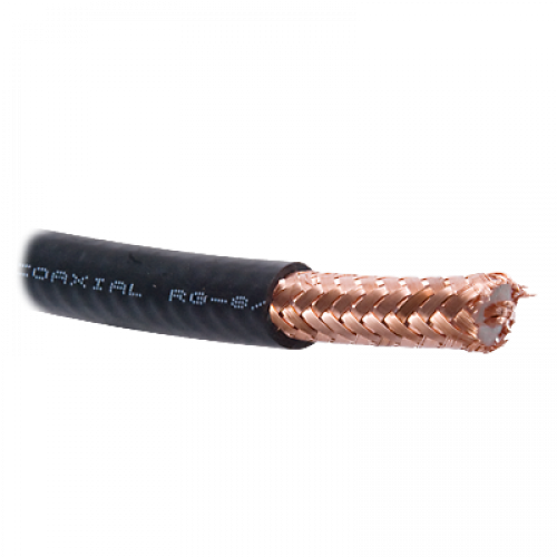 Cable con blindaje de malla trenzada de cobre 97%, aislamiento de polietilleno espumado.