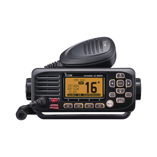 Radio móvil marino ICOM, Tx: 156.025-157.425MHz, Rx: 156.050-163.275MHz, 25W de potencia, sumergible IPX7 incluye: micrófono, cable de alimentación y accesorios