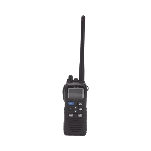Radio portátil marino, 6W, rango de frecuencia Tx:156.025-157.425MHz, Rx:156.050-163.275MHz, sumergible IPX8, 700mW de potencia de audio. Incluye Batería, antena, clip, cargador, cable de encendedor y correa.