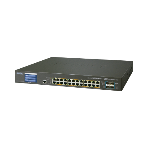 Switch Administrable L2+, 24 puertos Gigabit PoE 802.3bt, 4 puertos 10G SFP+,Pantalla táctil, Fuente Redundante, (400W)