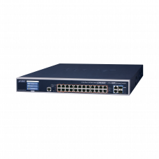 Switch Administrable L3, 24 puertos Gigabit PoE 802.3bt, 2 puertos 10G SFP+, Pantalla Tactil, Fuente Redundante, (600W)